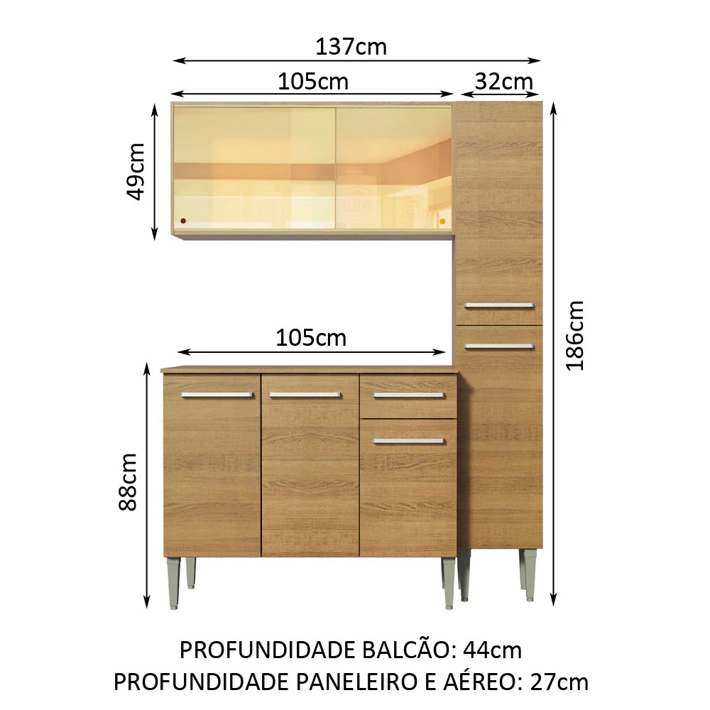 Armário de Cozinha Compacta 137cm Rustic Emilly Gold Madesa 03 - Image 3