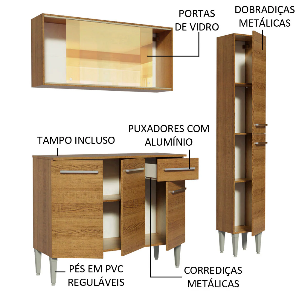 Armário de Cozinha Compacta 137cm Rustic Emilly Gold Madesa 03 - Image 4