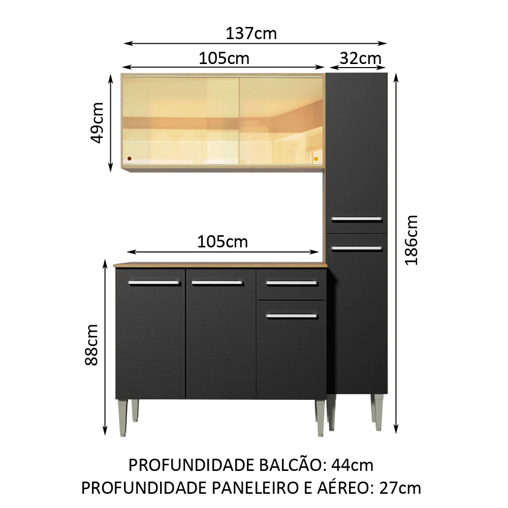 Armário de Cozinha Compacta 137cm Rustic/Preto Emilly Gold Madesa 03 - Image 3