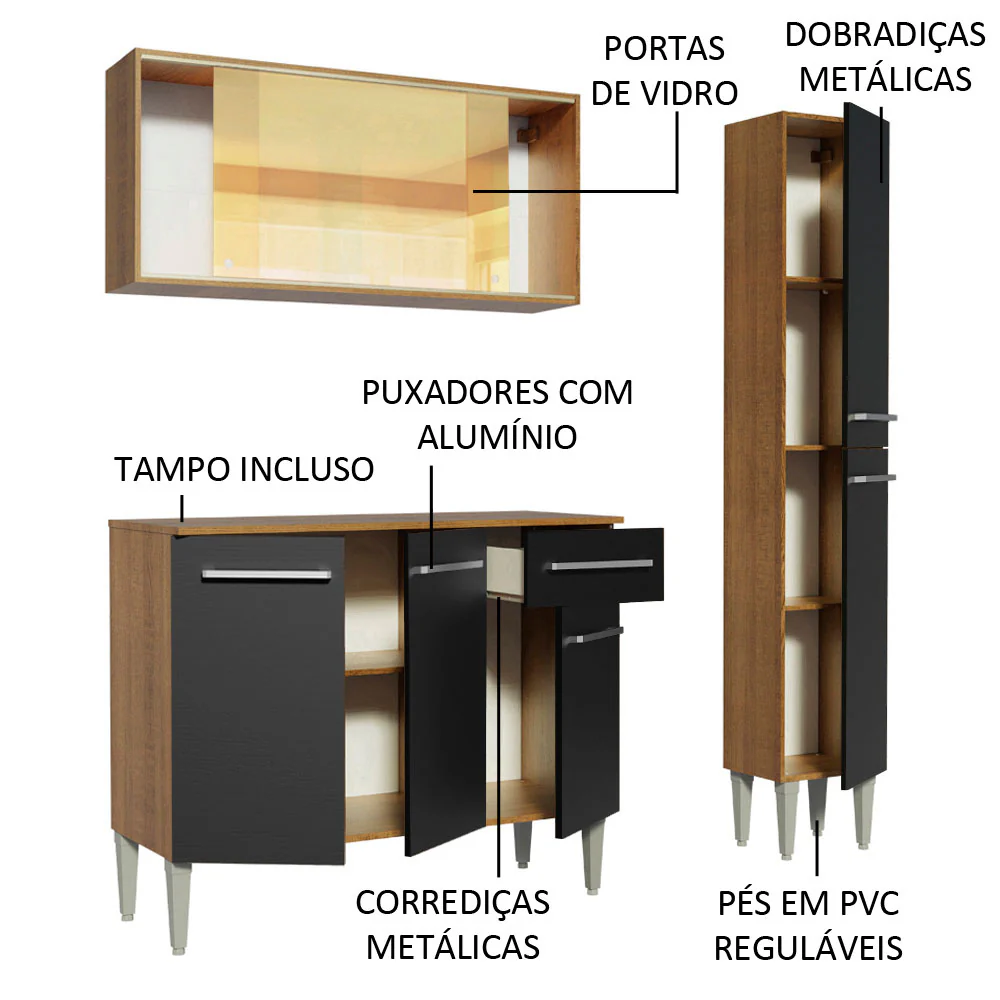 Armário de Cozinha Compacta 137cm Rustic/Preto Emilly Gold Madesa 03 - Image 4