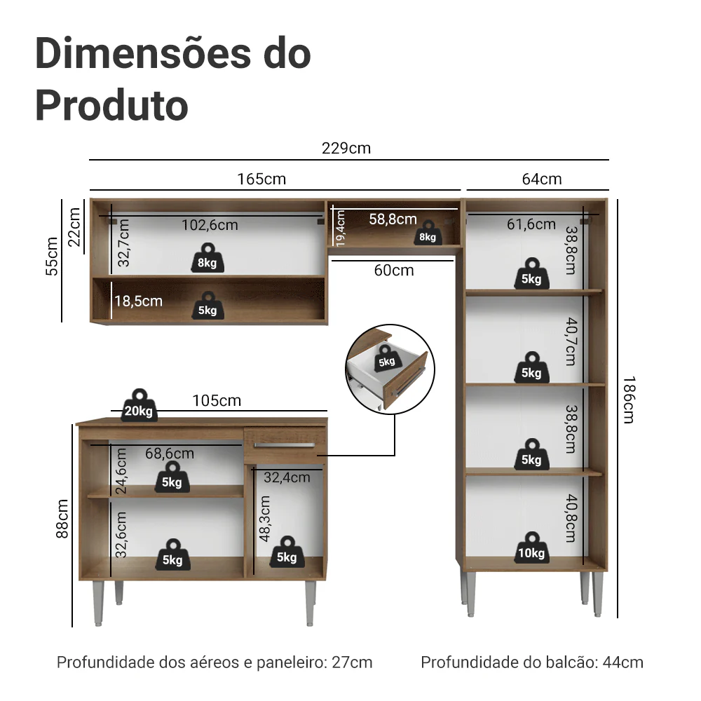 Armário de Cozinha Compacta 229cm Branco/Rustic Emilly Pop Madesa 02 - Image 3