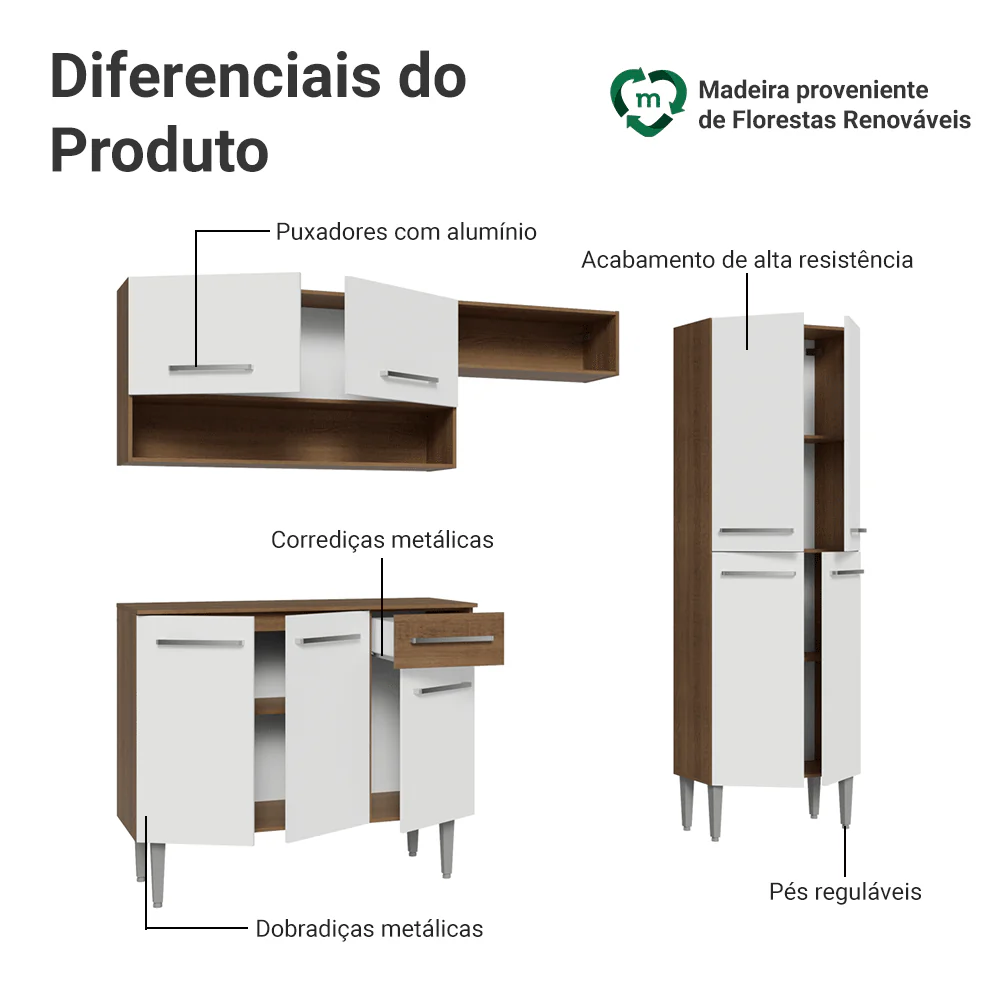 Armário de Cozinha Compacta 229cm Branco/Rustic Emilly Pop Madesa 02 - Image 4