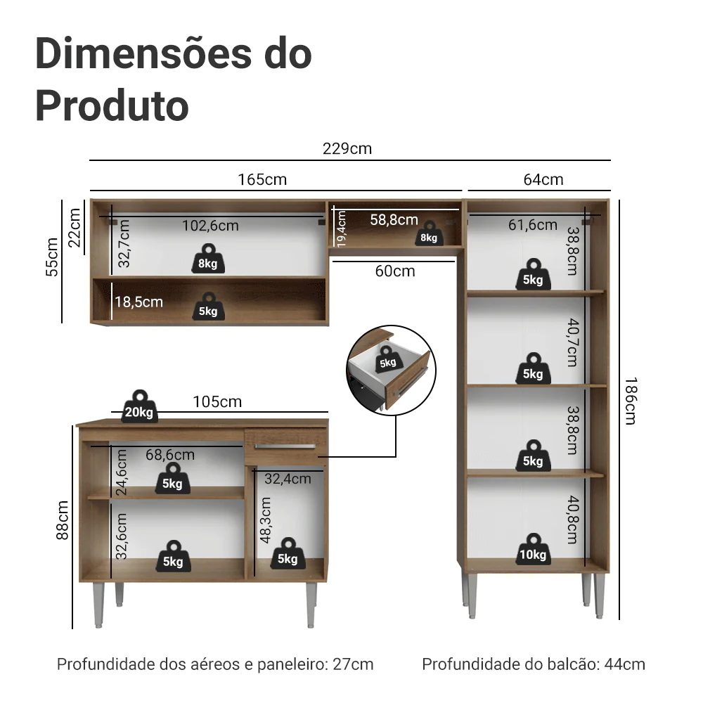 Armário de Cozinha Compacta 229cm Rustic/Preto Emilly Pop Madesa 02 - Image 3