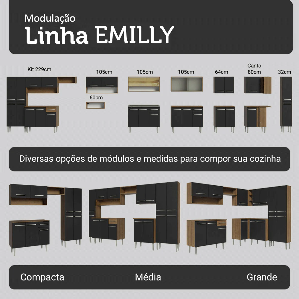 Armário de Cozinha Compacta 229cm Rustic/Preto Emilly Pop Madesa 02 - Image 7