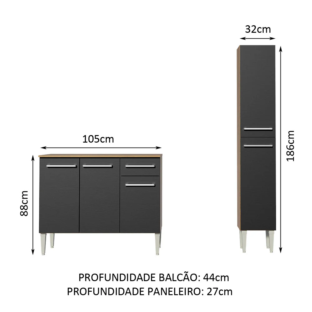 Armário de Cozinha Compacta 137cm Rustic/Preto Emilly Silver Madesa 01 - Image 3