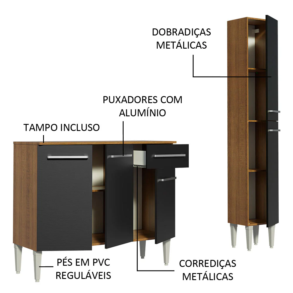 Armário de Cozinha Compacta 137cm Rustic/Preto Emilly Silver Madesa 01 - Image 4