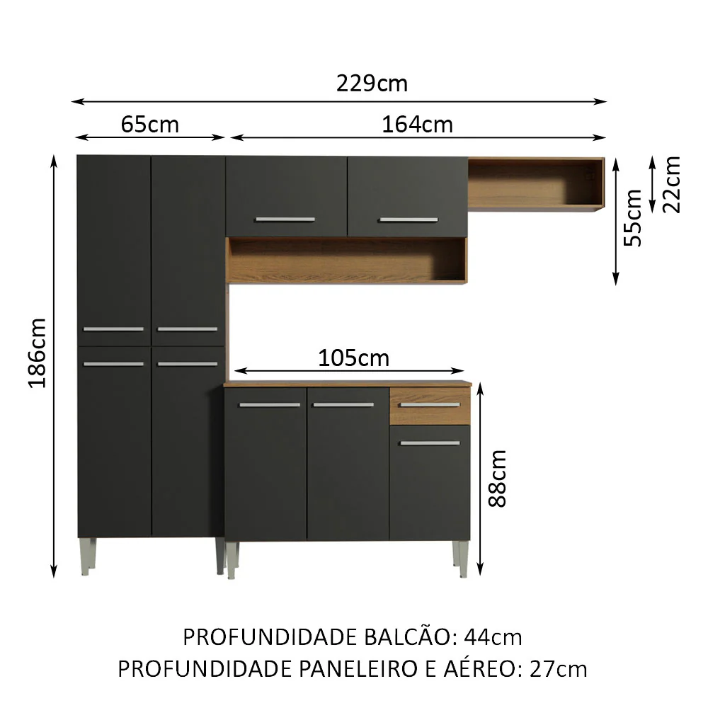 Armário de Cozinha Compacta Rustic/Preto Emilly Top Madesa - Image 3