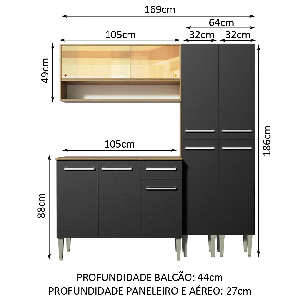 Armário de Cozinha Compacta 169cm Rustic/Preto Emilly Winter Madesa 08 - Image 3