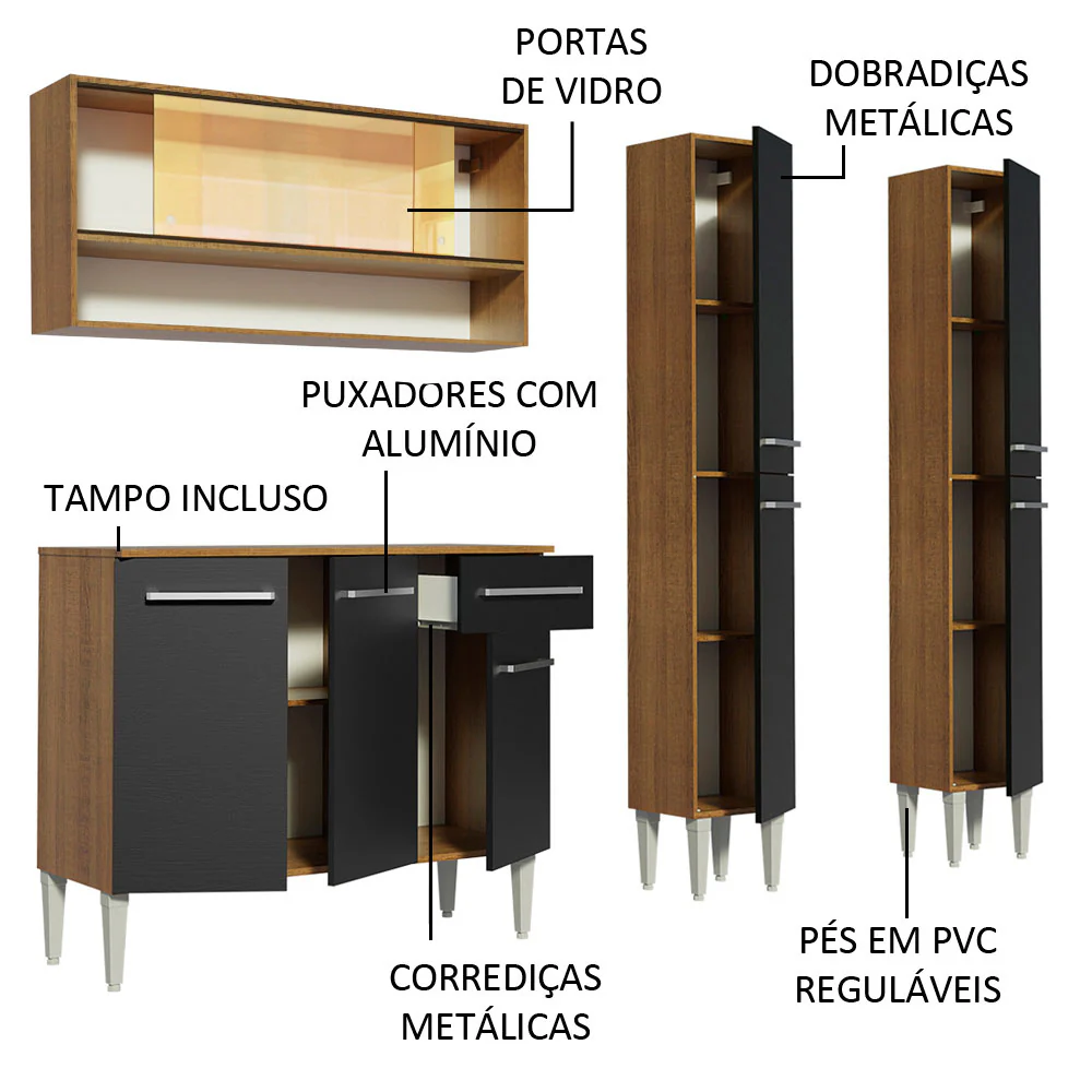 Armário de Cozinha Compacta 169cm Rustic/Preto Emilly Winter Madesa 08 - Image 4