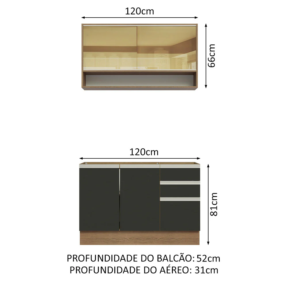 Armário de Cozinha Compacta 120cm Rustic/Preto Glamy Madesa 02 - Image 3