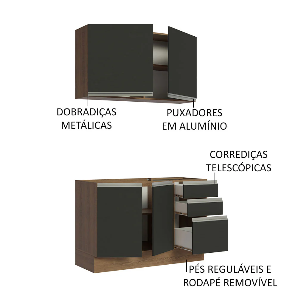 Armário de Cozinha Compacta 120cm Rustic/Preto Glamy Madesa 03 - Image 4
