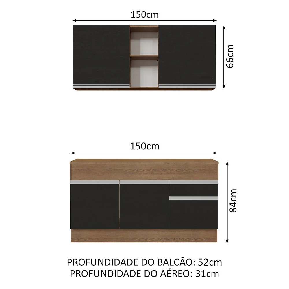 Armário de Cozinha Compacta 150cm Rustic/Preto Glamy Madesa 01 - Image 3