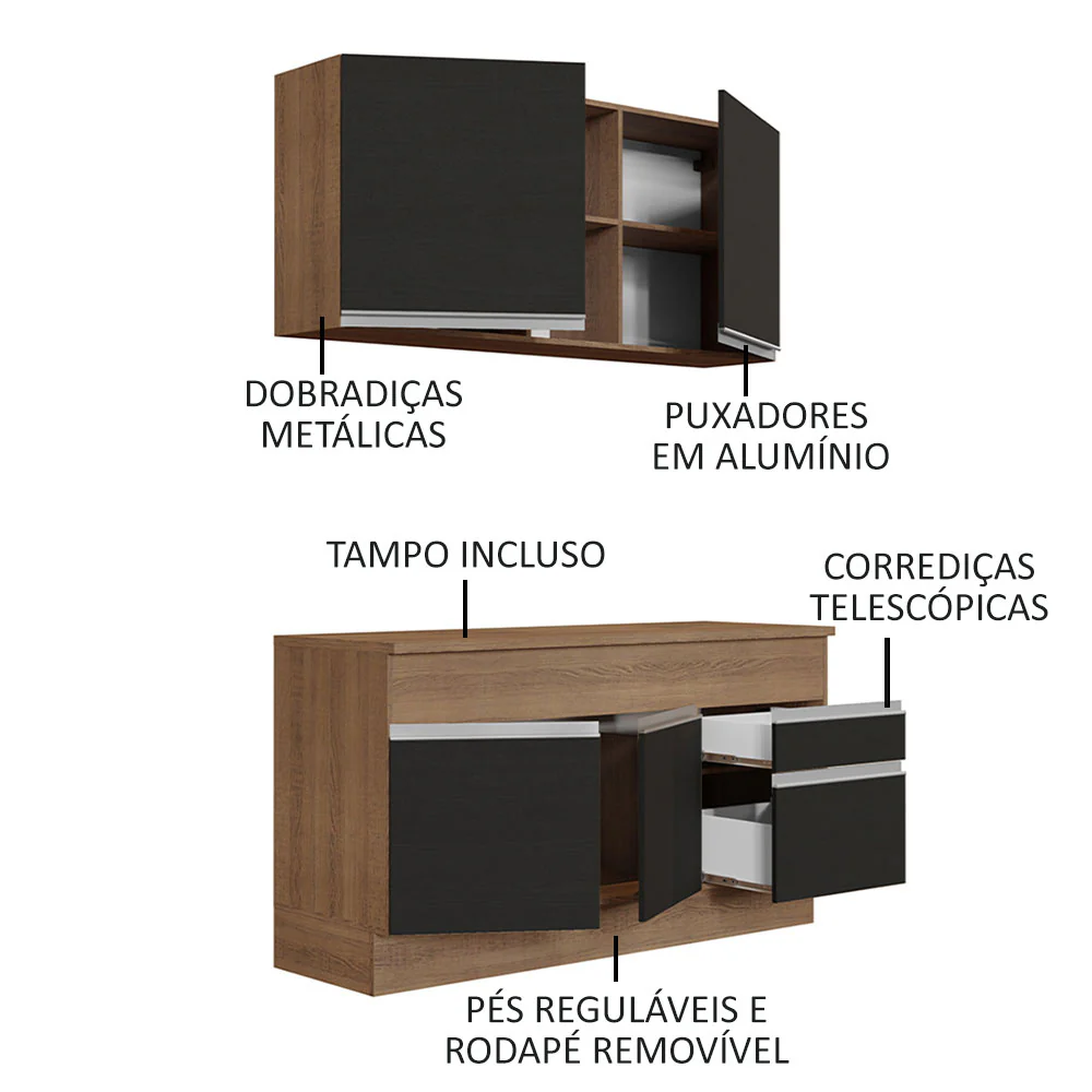 Armário de Cozinha Compacta 150cm Rustic/Preto Glamy Madesa 01 - Image 4