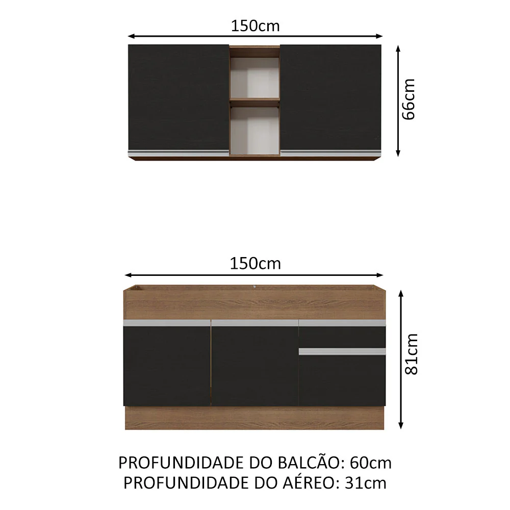 Armário de Cozinha Compacta 150cm Rustic/Preto Glamy Madesa 02 - Image 3