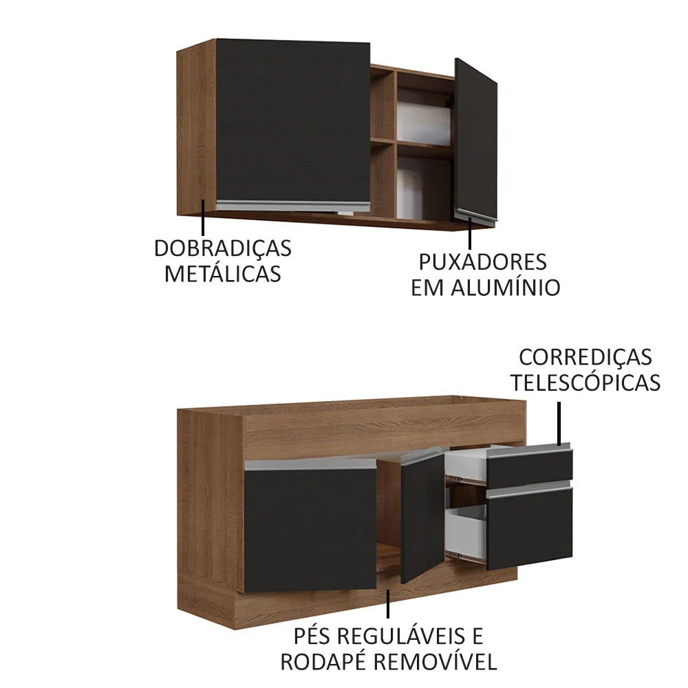 Armário de Cozinha Compacta 150cm Rustic/Preto Glamy Madesa 02 - Image 4