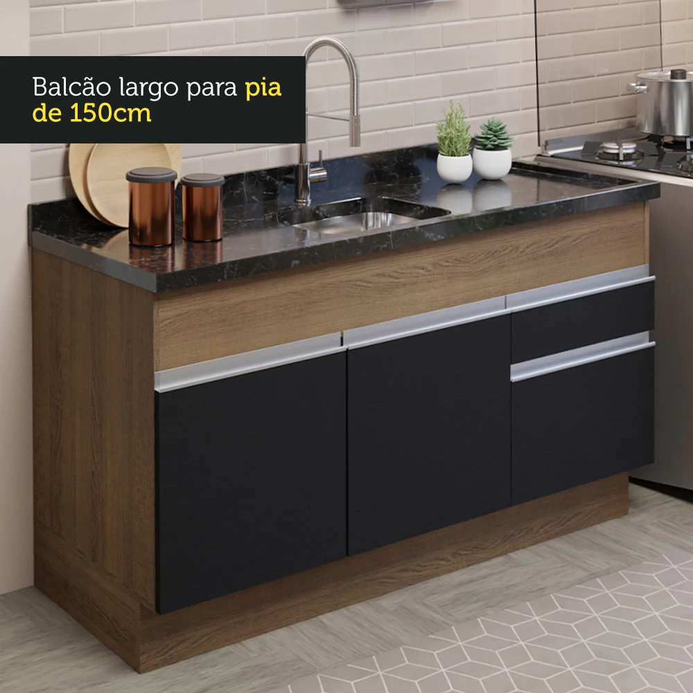 Armário de Cozinha Compacta 150cm Rustic/Preto Glamy Madesa 02 - Image 6