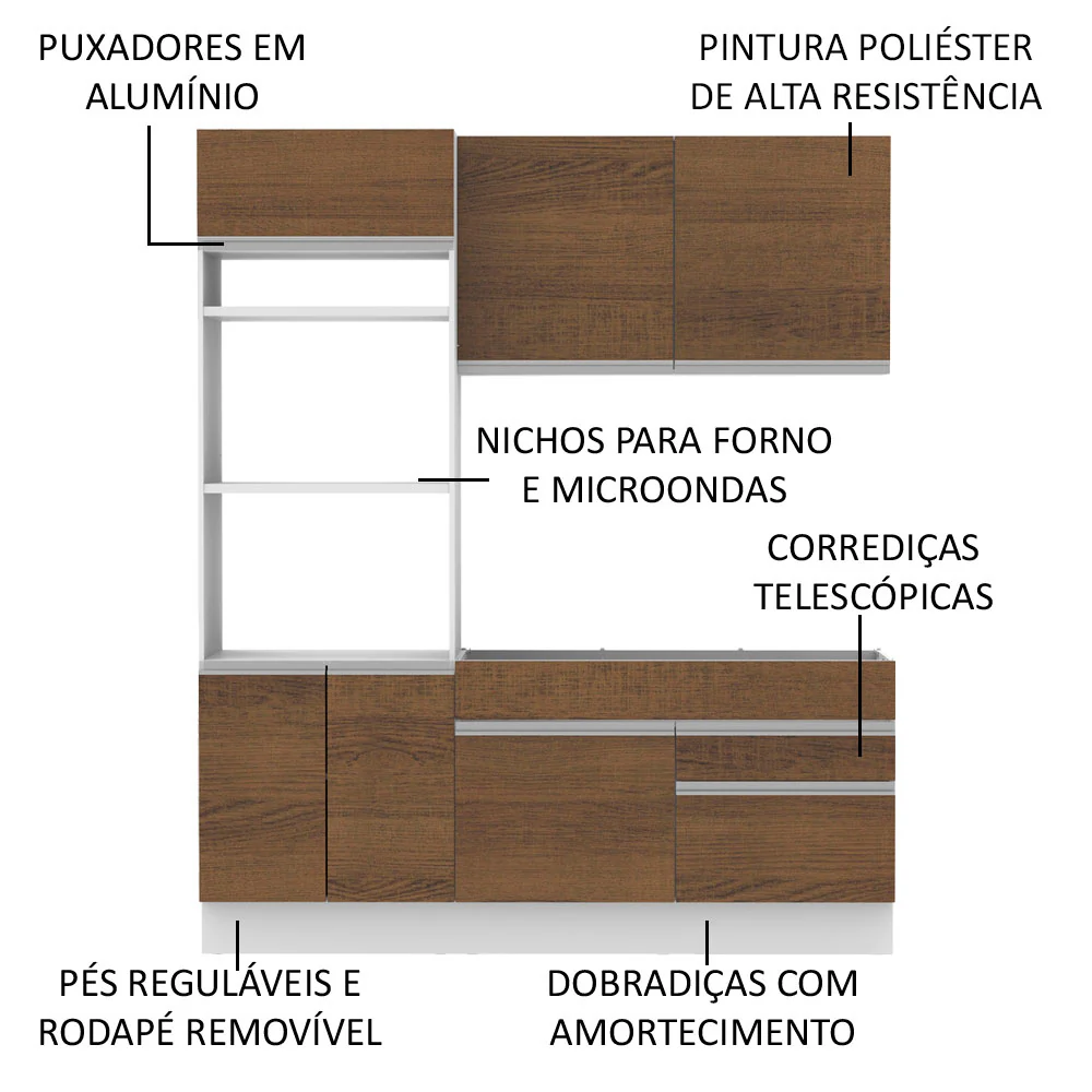 Armário de Cozinha Compacta 6 Portas 2 Gavetas (Sem Tampo e Pia) Branco/Rustic Lívia Madesa - Image 4