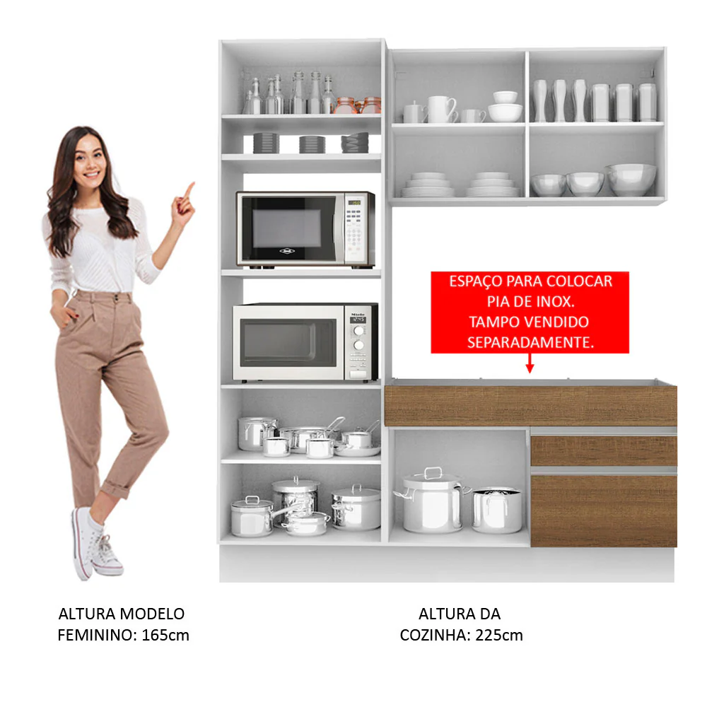 Armário de Cozinha Compacta 6 Portas 2 Gavetas (Sem Tampo e Pia) Branco/Rustic/Branco Lívia Madesa - Image 4