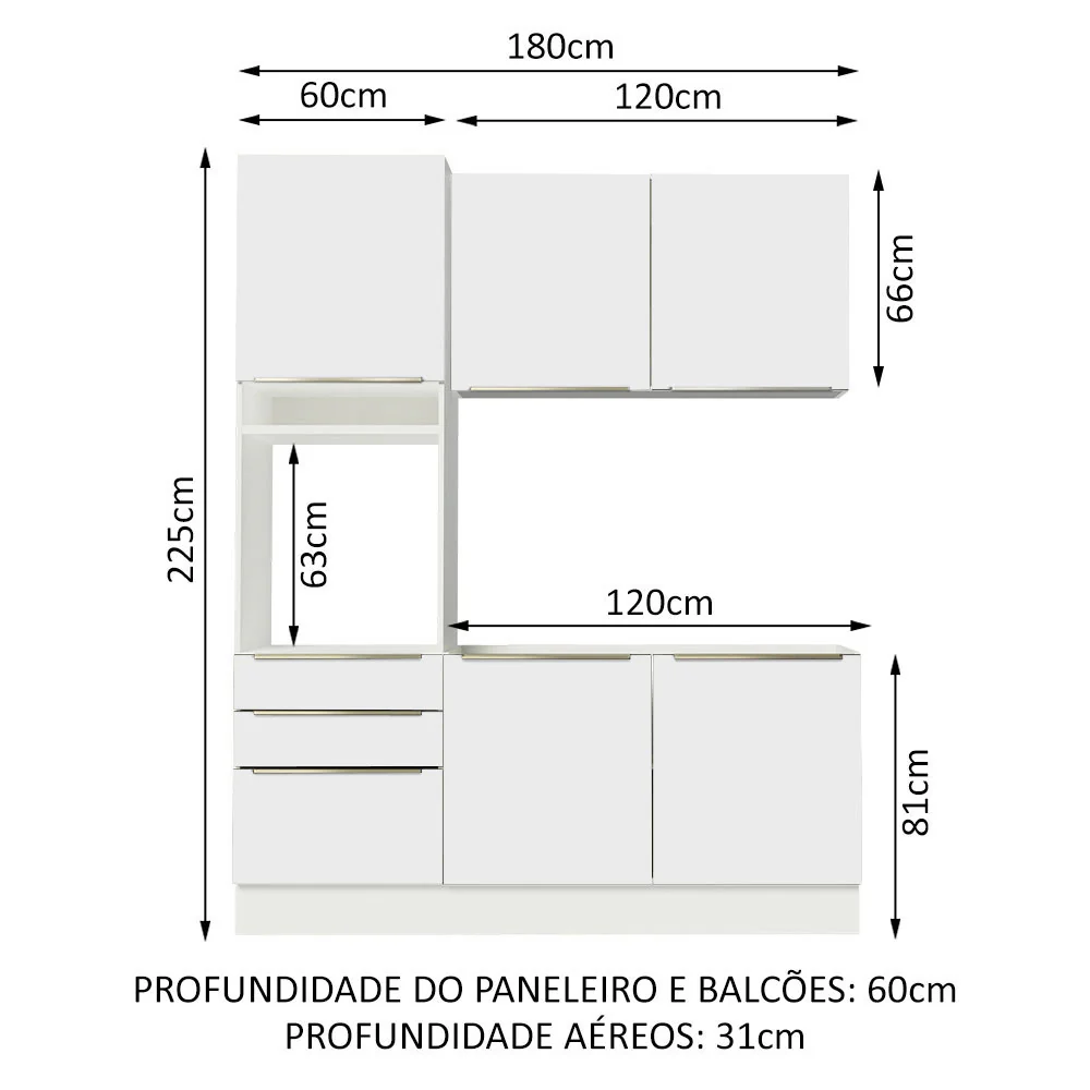 Armário de Cozinha Compacta 180 x 60 cm Branco/Branco Veludo Lux Madesa 01 - Image 3