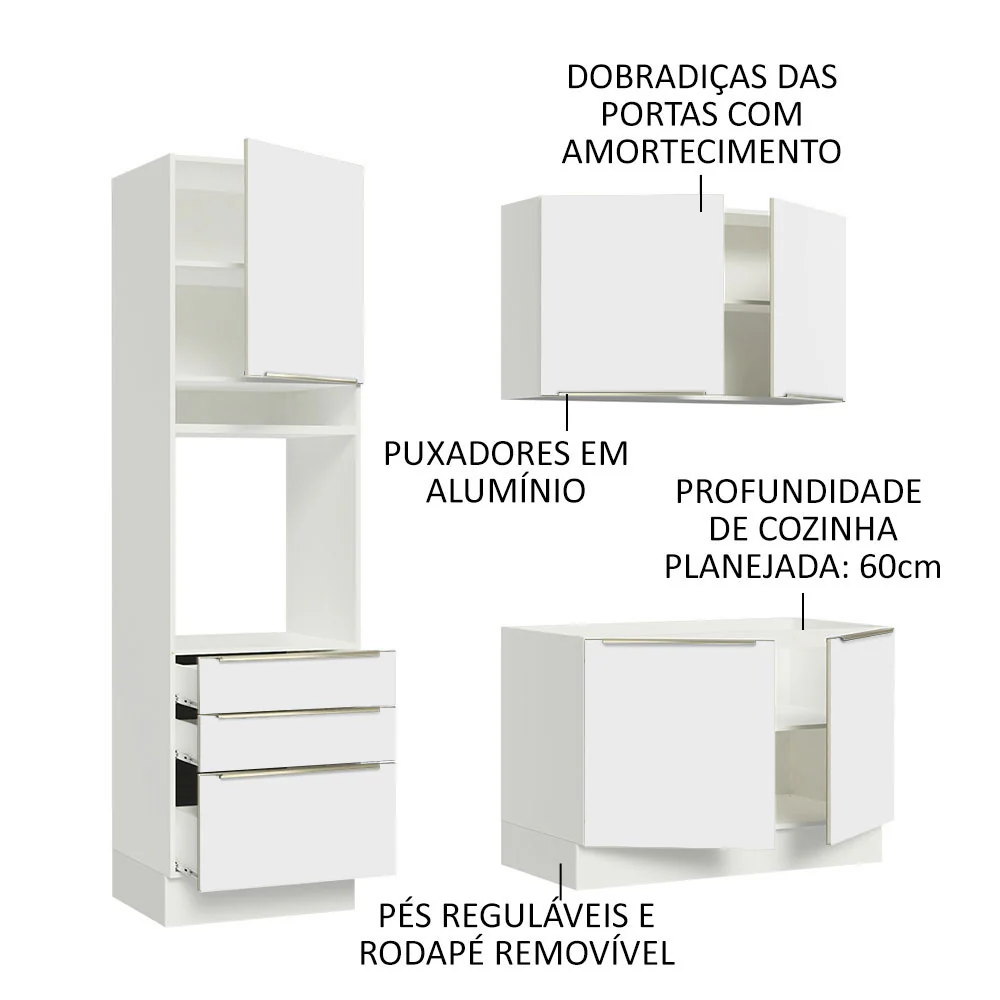 Armário de Cozinha Compacta 180 x 60 cm Branco/Branco Veludo Lux Madesa 01 - Image 4