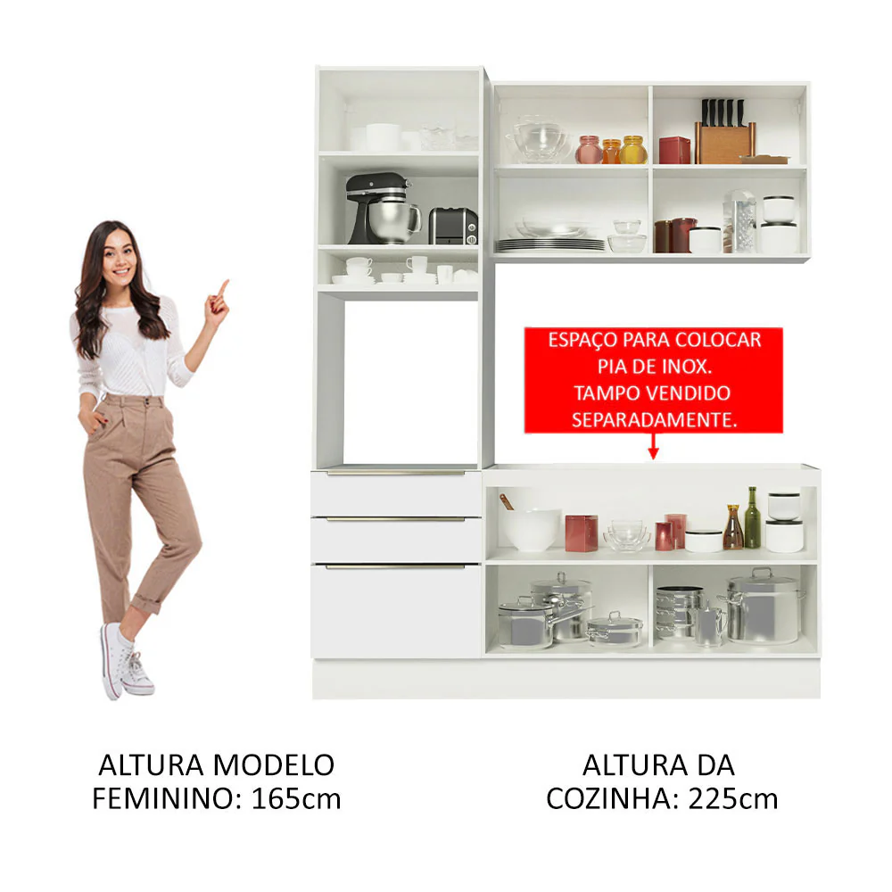 Armário de Cozinha Compacta 180 x 60 cm Branco/Branco Veludo Lux Madesa 01 - Image 5