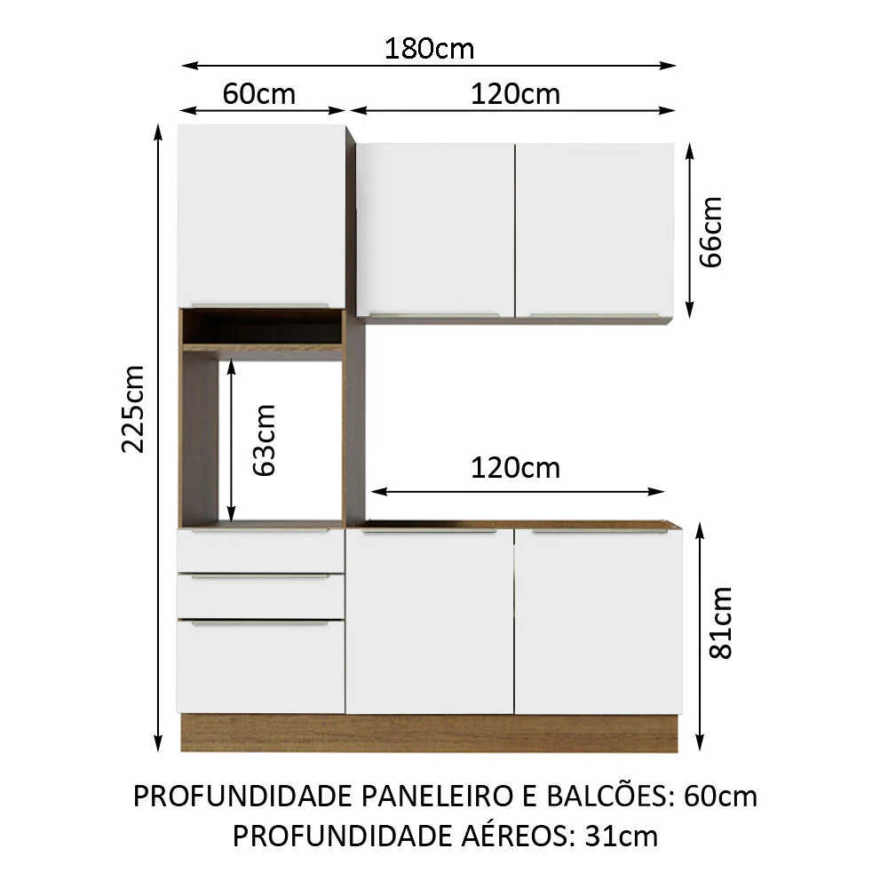Armário de Cozinha Compacta 180 x 60 cm Rustic/Branco Veludo Lux Madesa 01 - Image 3