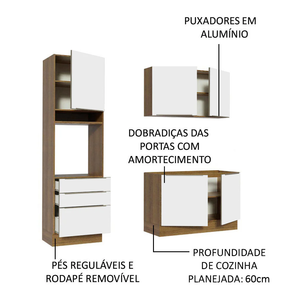 Armário de Cozinha Compacta 180 x 60 cm Rustic/Branco Veludo Lux Madesa 01 - Image 4