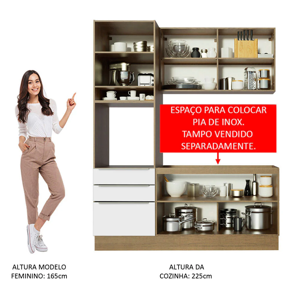 Armário de Cozinha Compacta 180 x 60 cm Rustic/Branco Veludo Lux Madesa 01 - Image 5
