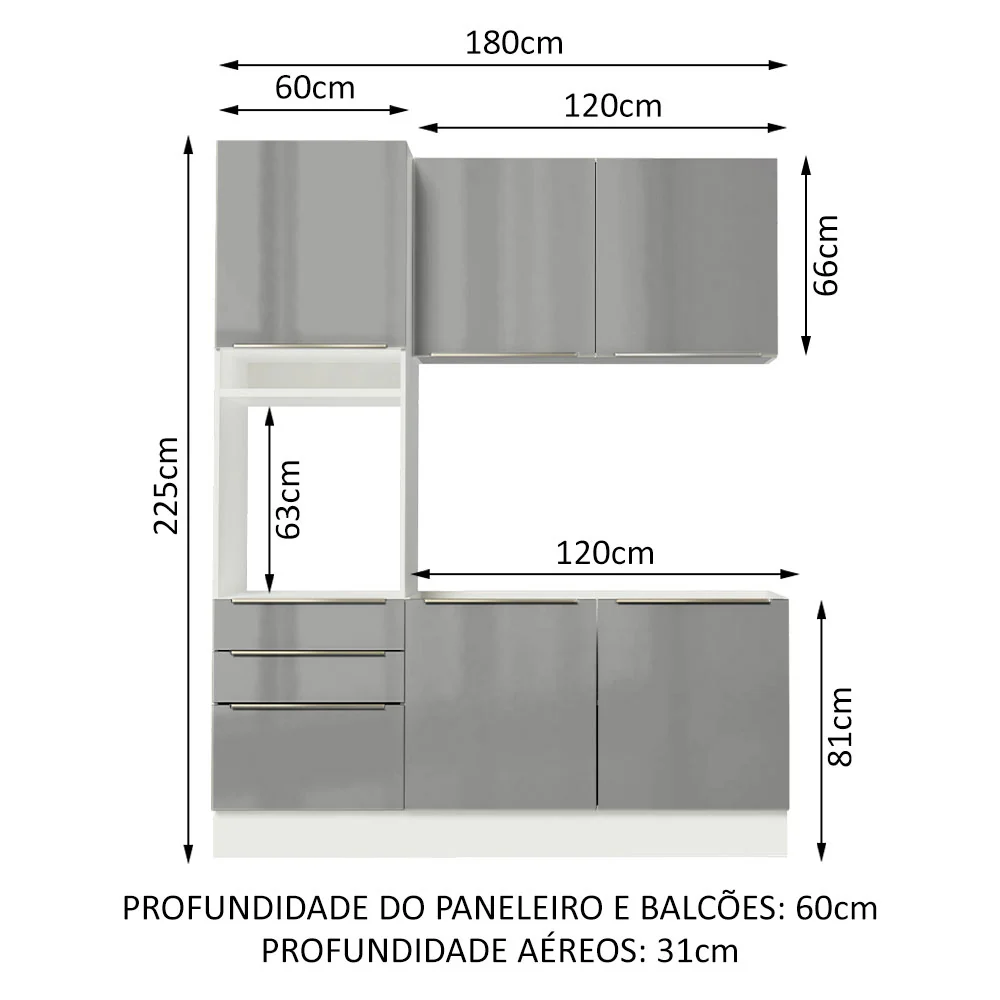 Armário de Cozinha Compacta 180 x 60 cm Branco/Cinza Lux Madesa 01 - Image 3