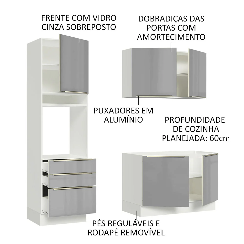 Armário de Cozinha Compacta 180 x 60 cm Branco/Cinza Lux Madesa 01 - Image 4