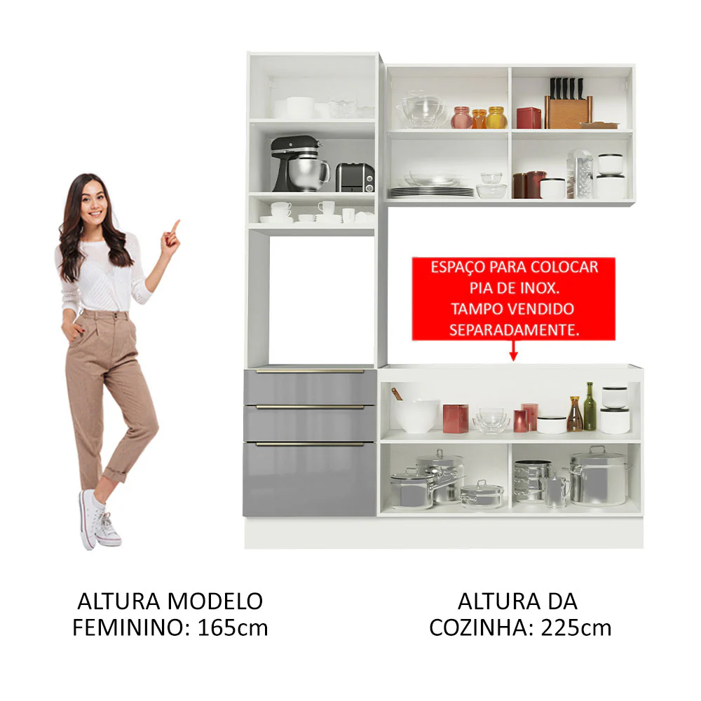 Armário de Cozinha Compacta 180 x 60 cm Branco/Cinza Lux Madesa 01 - Image 5