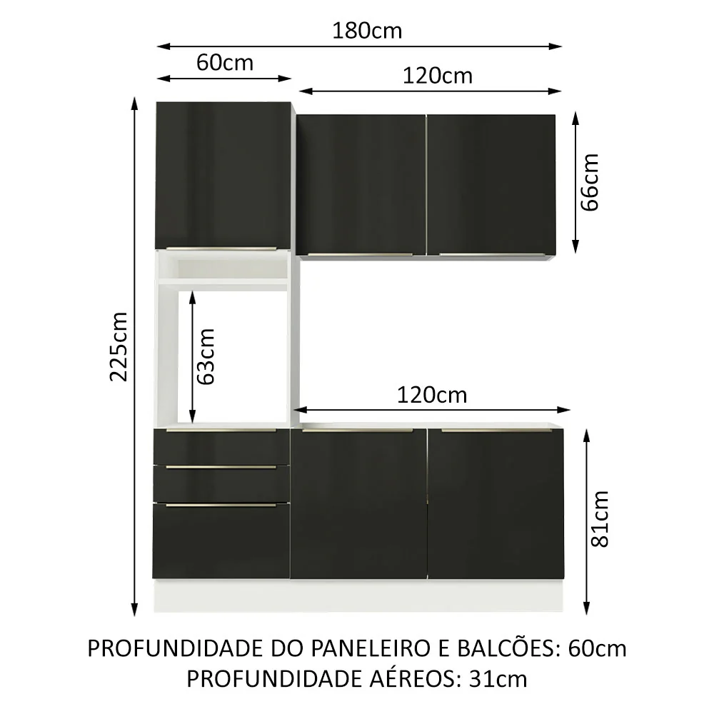 Armário de Cozinha Compacta 180 x 60 cm Branco/Preto Lux Madesa 01 - Image 3