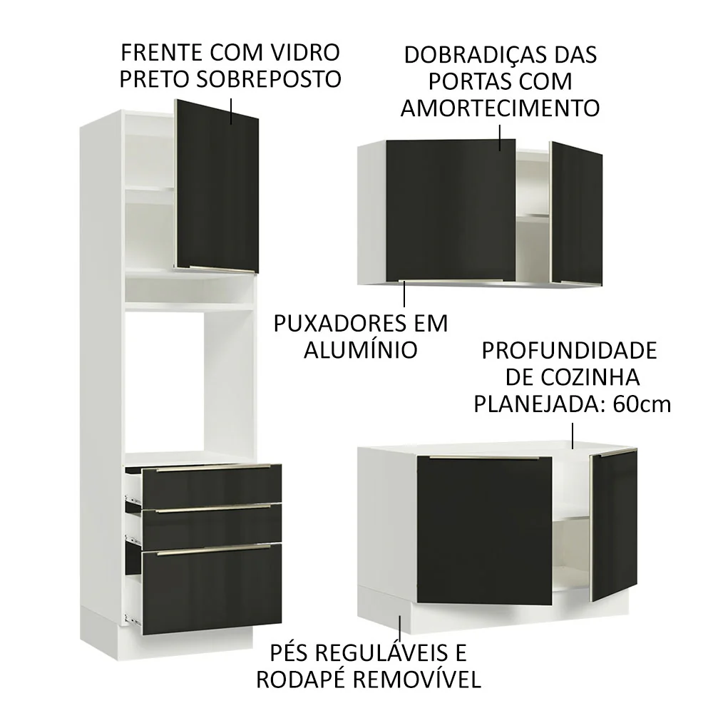 Armário de Cozinha Compacta 180 x 60 cm Branco/Preto Lux Madesa 01 - Image 4