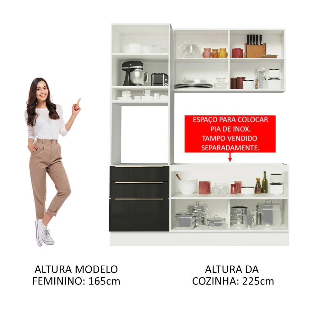 Armário de Cozinha Compacta 180 x 60 cm Branco/Preto Lux Madesa 01 - Image 5