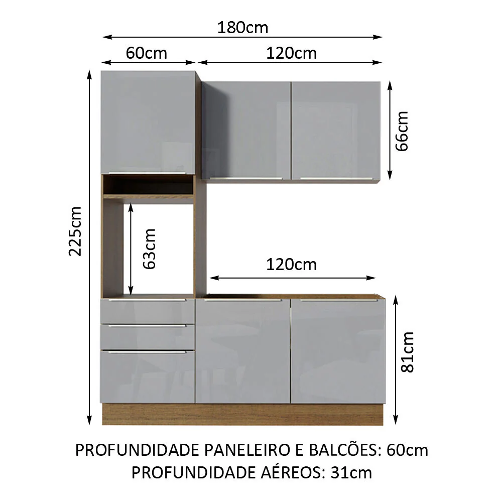 Armário de Cozinha Compacta 180 x 60 cm Rustic/Cinza Lux Madesa 01 - Image 3