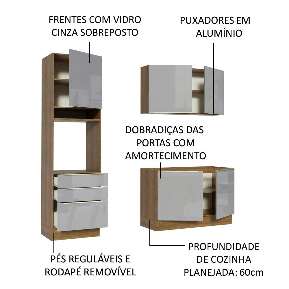 Armário de Cozinha Compacta 180 x 60 cm Rustic/Cinza Lux Madesa 01 - Image 4
