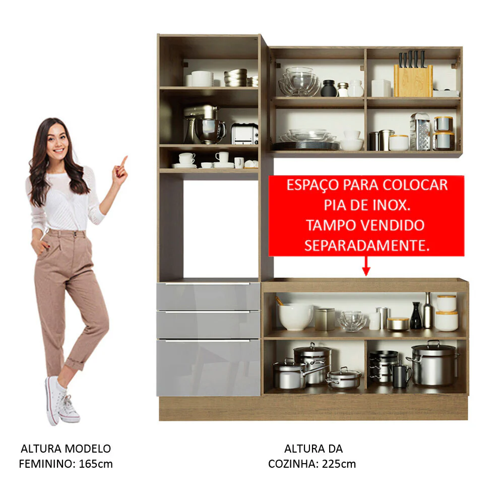 Armário de Cozinha Compacta 180 x 60 cm Rustic/Cinza Lux Madesa 01 - Image 5
