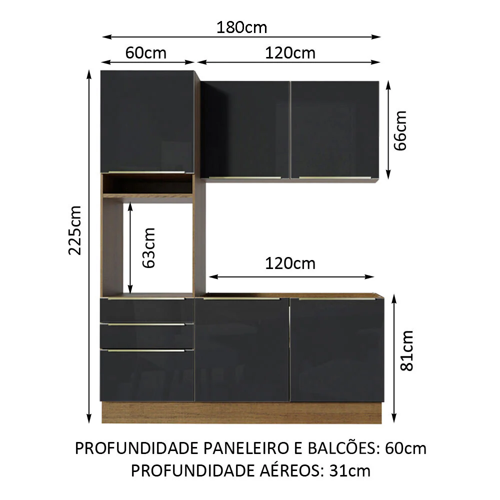 Armário de Cozinha Compacta 180 x 60 cm Rustic/Preto Lux Madesa 01 - Image 3