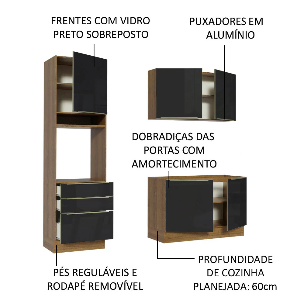 Armário de Cozinha Compacta 180 x 60 cm Rustic/Preto Lux Madesa 01 - Image 4