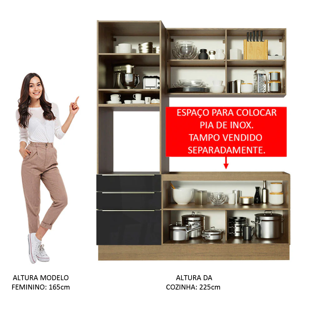 Armário de Cozinha Compacta 180 x 60 cm Rustic/Preto Lux Madesa 01 - Image 5
