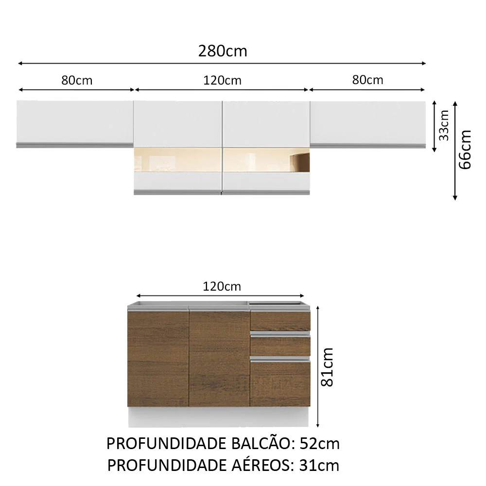 Armário de Cozinha Compacta 280cm Branco/Rustic/Branco Marina Madesa 01 - Image 3