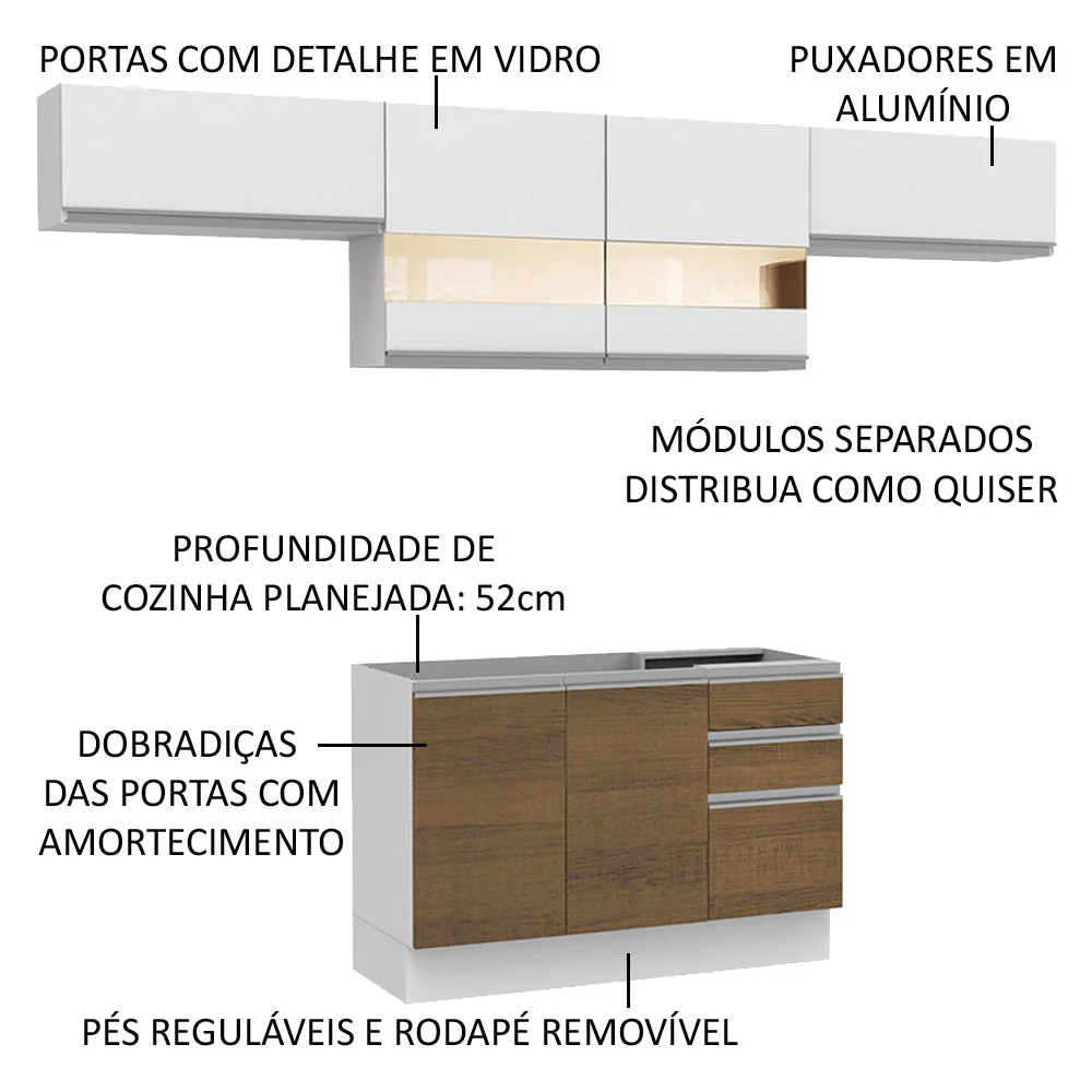 Armário de Cozinha Compacta 280cm Branco/Rustic/Branco Marina Madesa 01 - Image 4