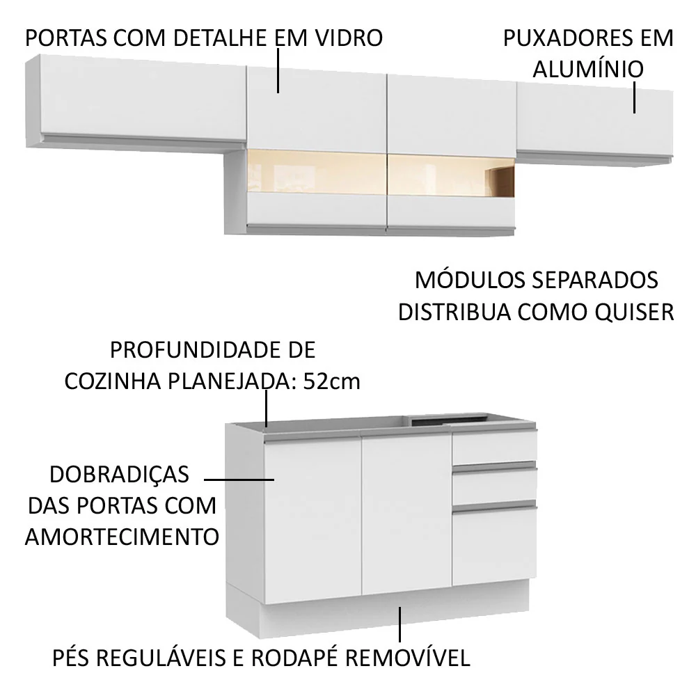 Armário de Cozinha Compacta 280cm Branco Marina Madesa 01 - Image 4