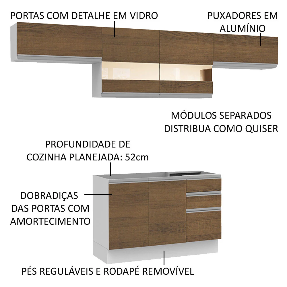 Armário de Cozinha Compacta 280cm Branco/Rustic Marina Madesa 01 - Image 4