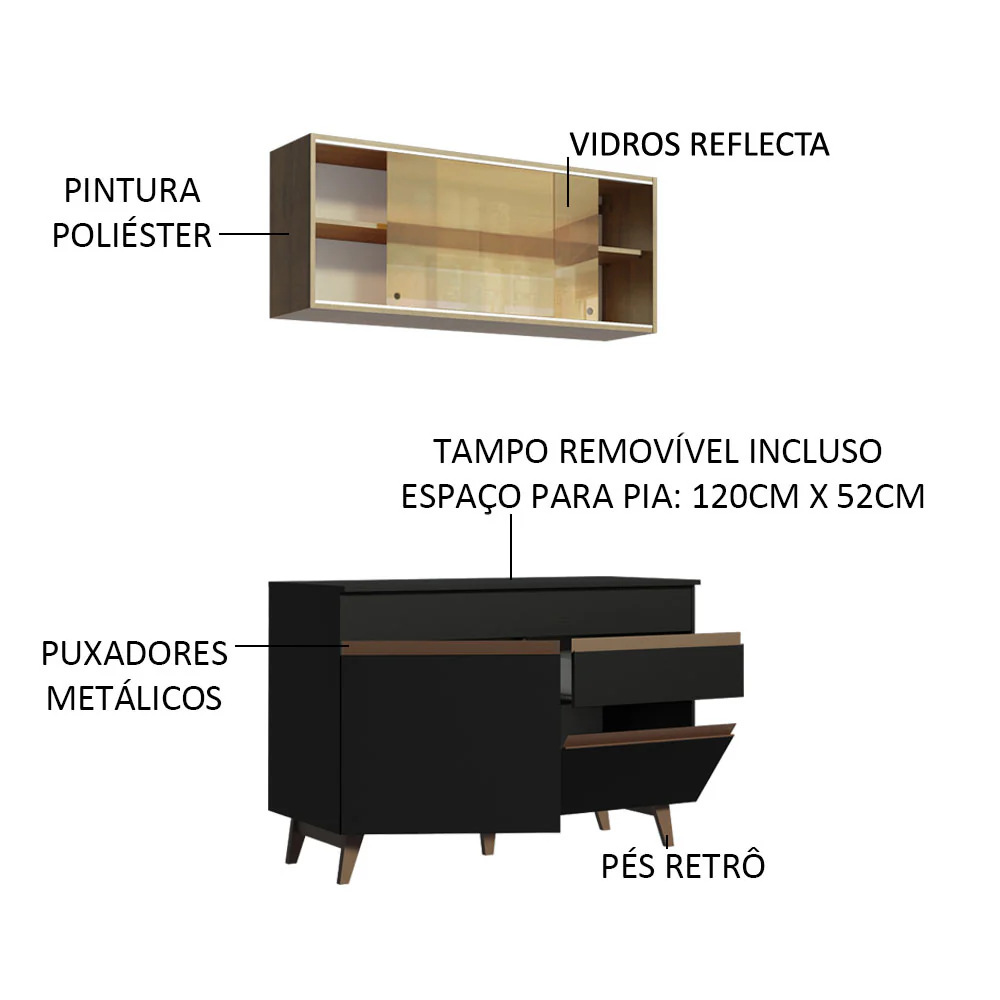 Armário de Cozinha Compacta 120cm Preto/Rustic Reims Madesa 01 - Image 4