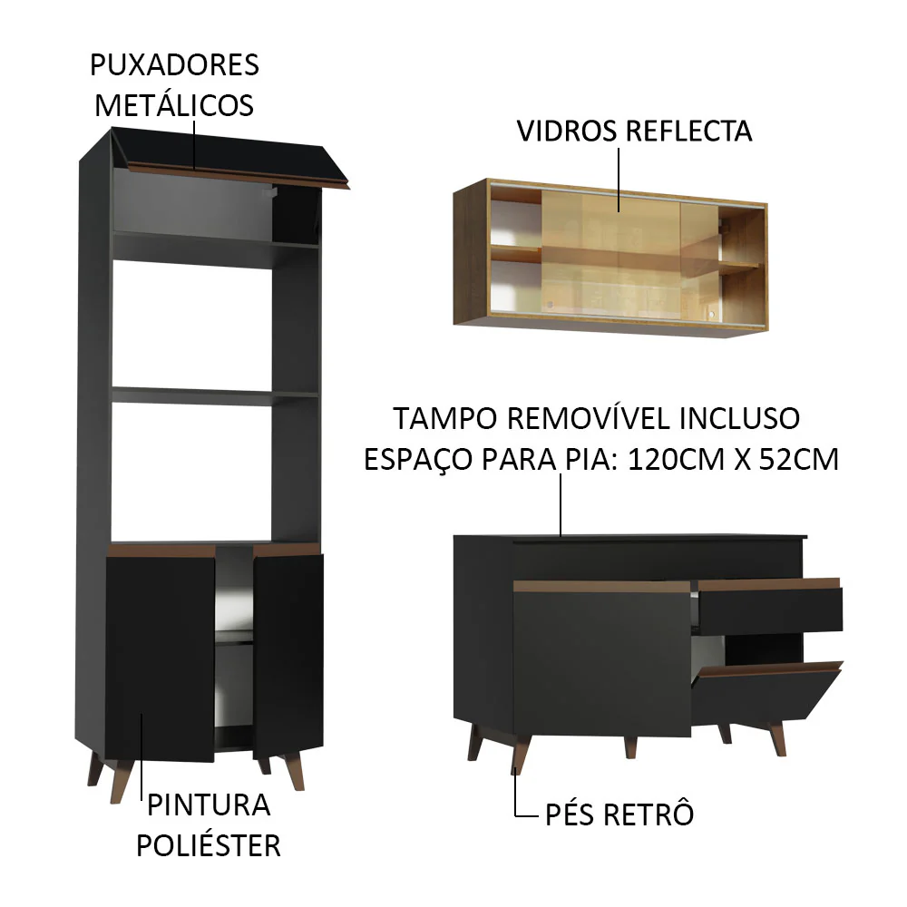 Armário de Cozinha Compacta 190cm Preto/Rustic Reims Madesa 02 - Image 4