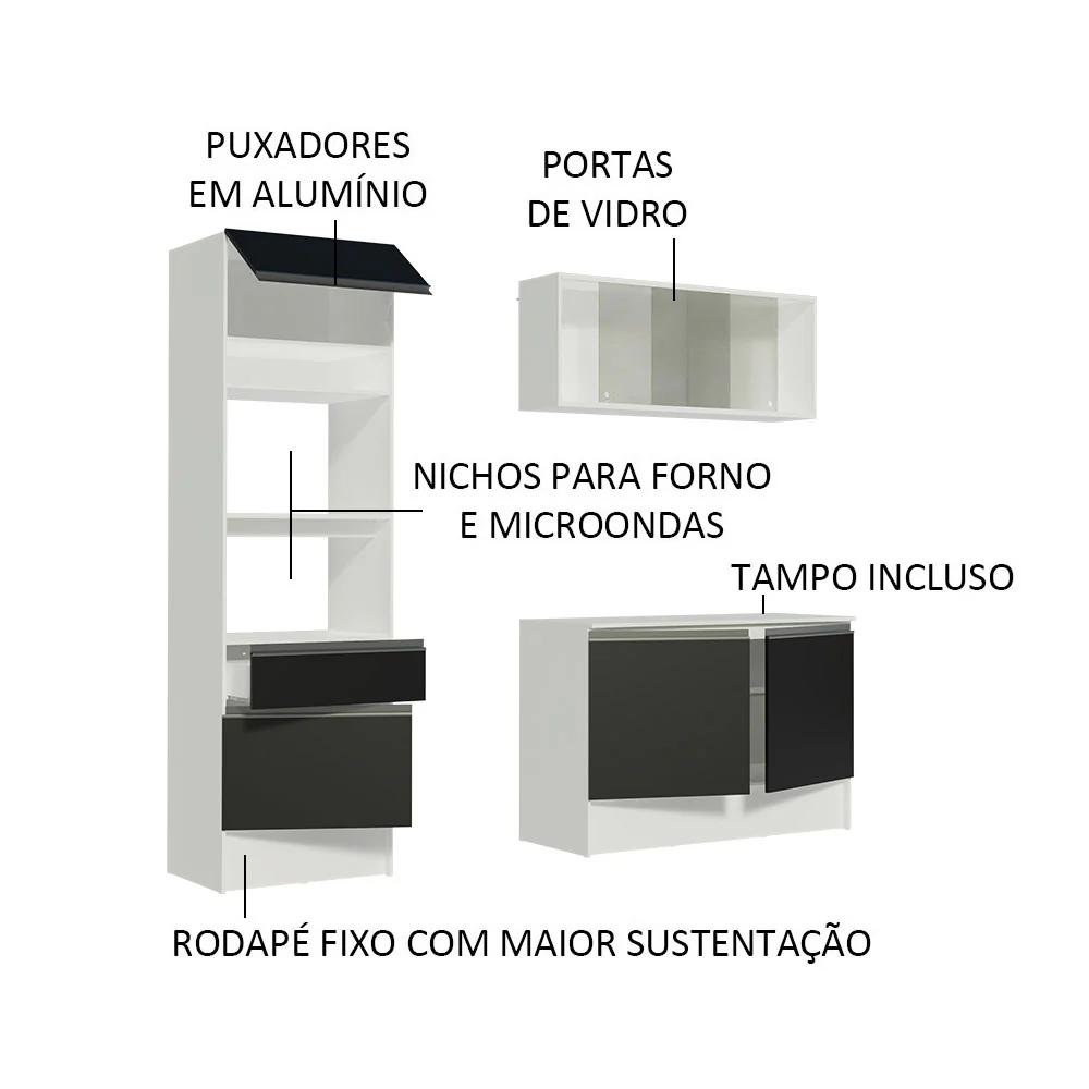 Armário de Cozinha Compacta 180cm Branco/Preto Topazio Madesa 86 - Image 4