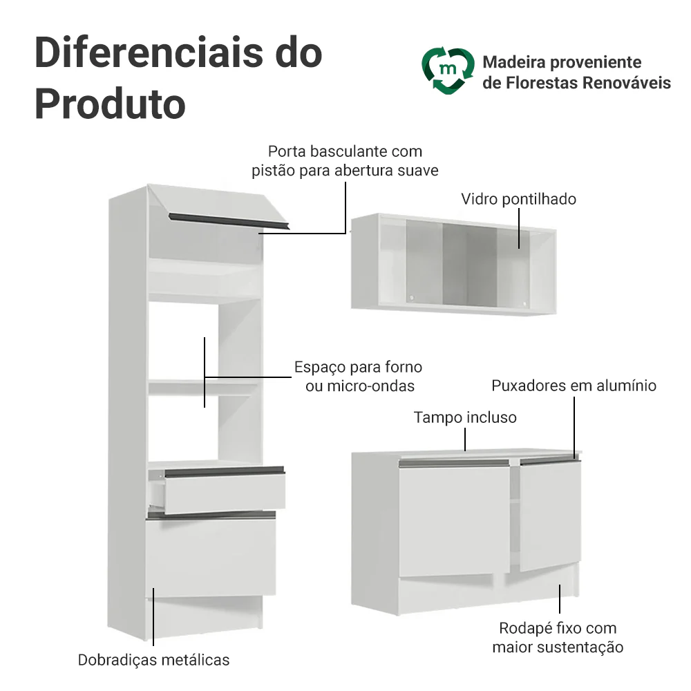 Armário de Cozinha Compacta com Balcão e Tampo Branco Topazio Pop Madesa - Image 3