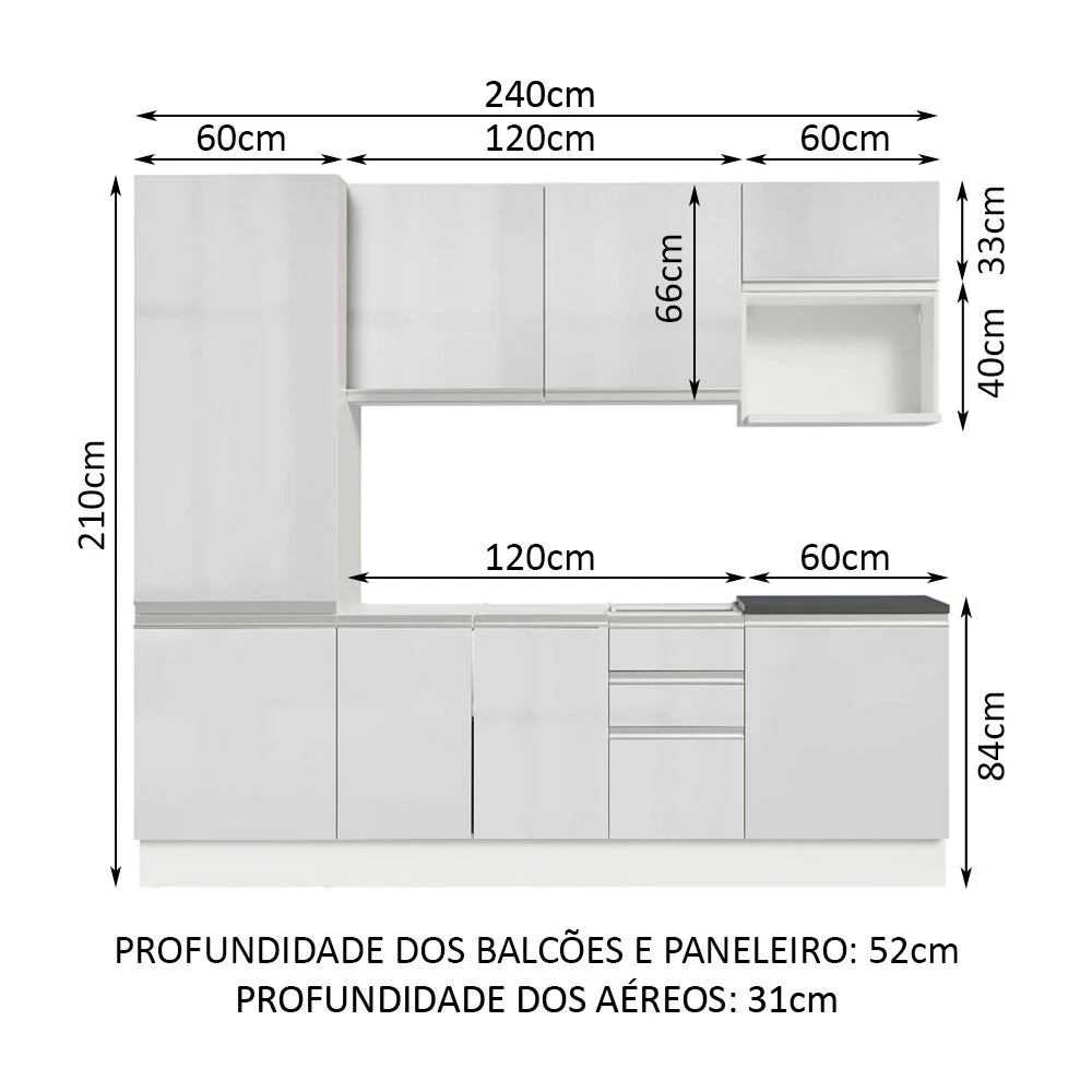 Armário de Cozinha Completa 100% MDF 240cm Frentes Branco Brilho Acordes Madesa 01 - Image 3