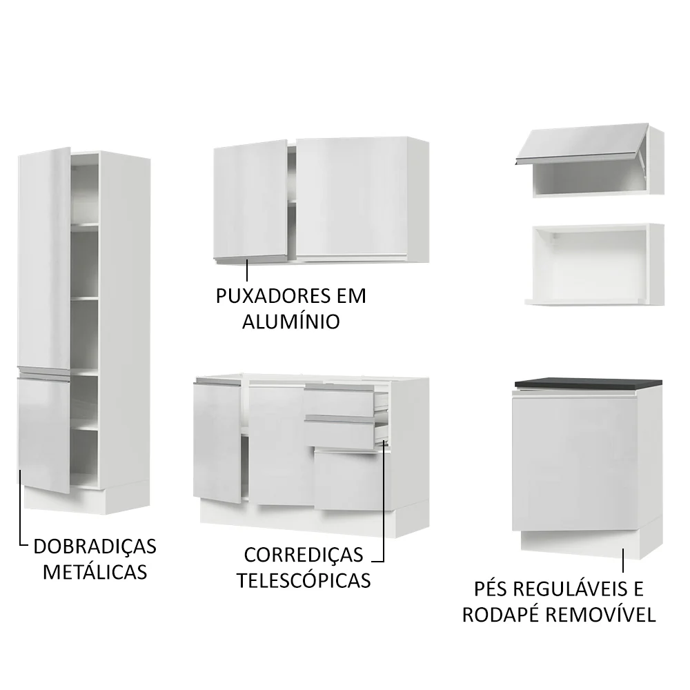 Armário de Cozinha Completa 100% MDF 240cm Frentes Branco Brilho Acordes Madesa 01 - Image 4